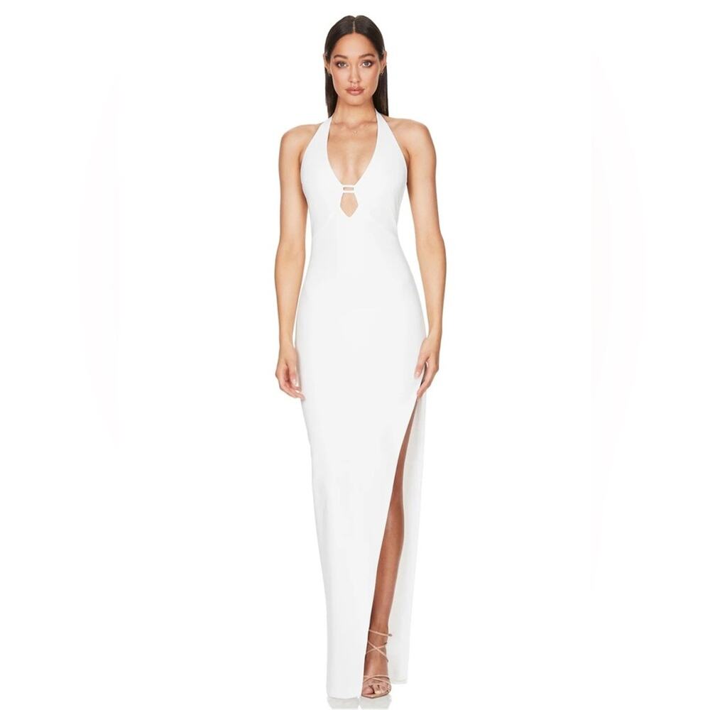 New Nookie Coco Gown in Ivory – Halter Satin Maxi, NWT